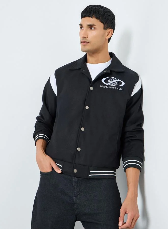 Styli Men Black Relaxed Graphic Varsity Jacket
